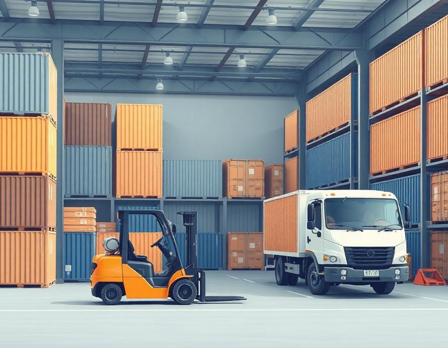 Mamatoons warehouse with containers, forklift and delivery truck