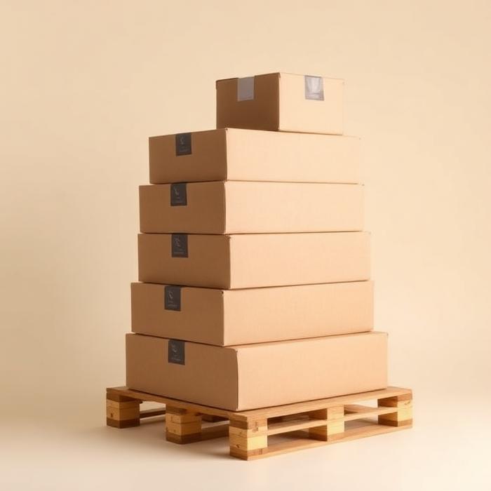 Stacked shipping cartons on a wooden pallet